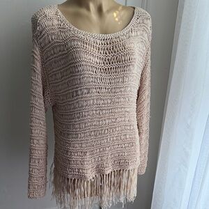 INTERMIX Blush Open-Knit Scoop Neck Sweater with Fringe, size L. Very stylish